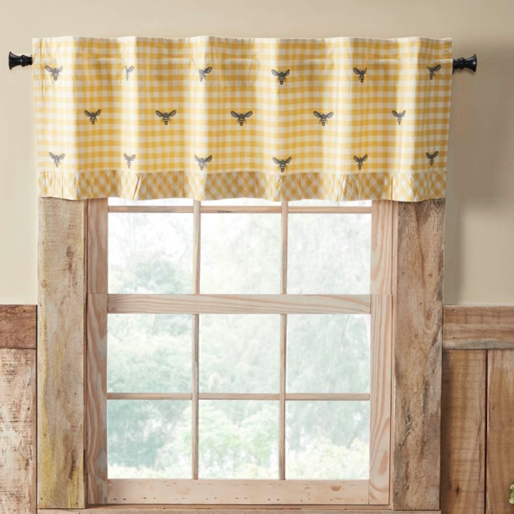 NEW! Cute Buzzing Honey Bee Ruffled Yellow Plaid Window Valance Farmhouse